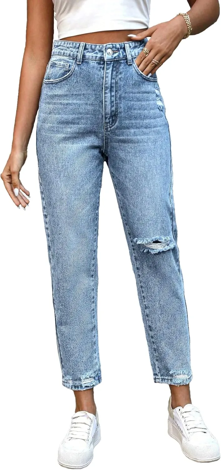 Women's Jeans Slim Fit High Waisted Distressed Ripped Jeans Frayed Raw Hem Denim Pants with Pockets