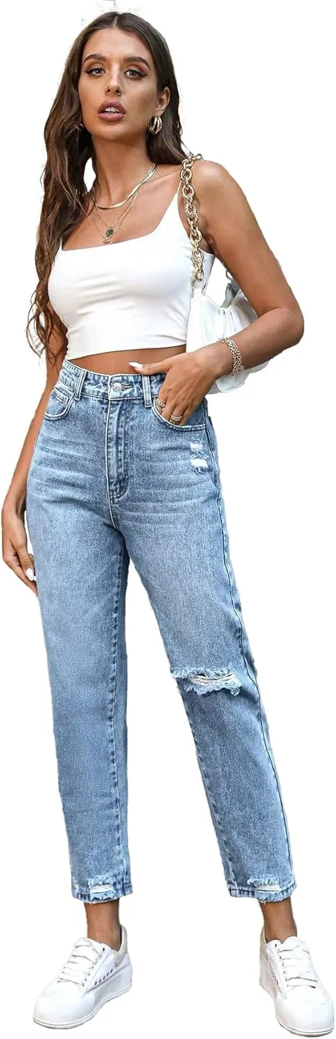 Women's Jeans Slim Fit High Waisted Distressed Ripped Jeans Frayed Raw Hem Denim Pants with Pockets