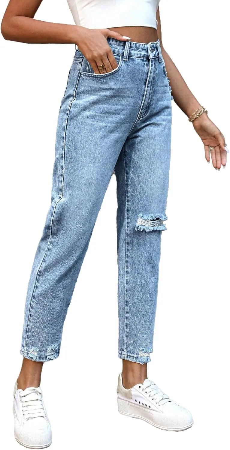 Women's Jeans Slim Fit High Waisted Distressed Ripped Jeans Frayed Raw Hem Denim Pants with Pockets