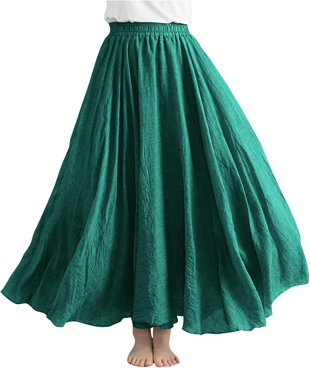Womens Linen A-Line Skirts Elastic High Waisted Maxi Skirts Bohemian Casual Flowy Solid Beach Vacation Long Skirt