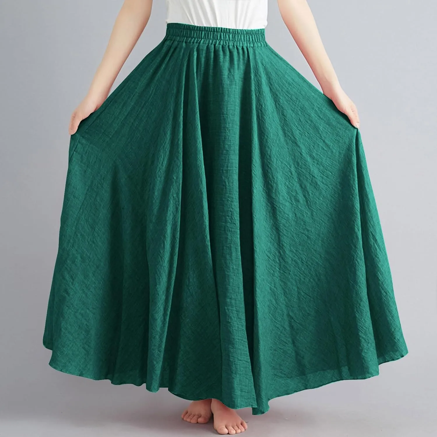 Womens Linen A-Line Skirts Elastic High Waisted Maxi Skirts Bohemian Casual Flowy Solid Beach Vacation Long Skirt