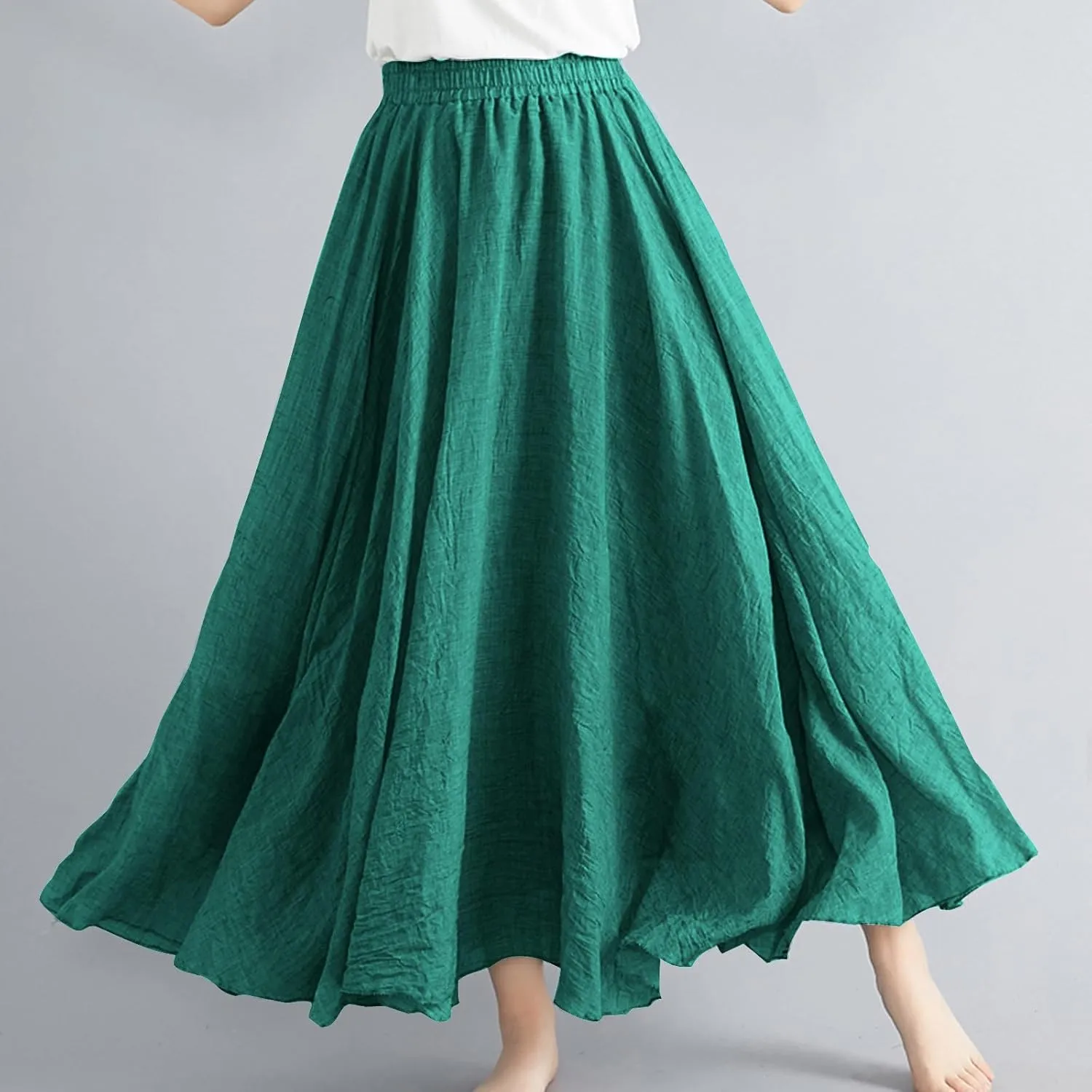 Womens Linen A-Line Skirts Elastic High Waisted Maxi Skirts Bohemian Casual Flowy Solid Beach Vacation Long Skirt