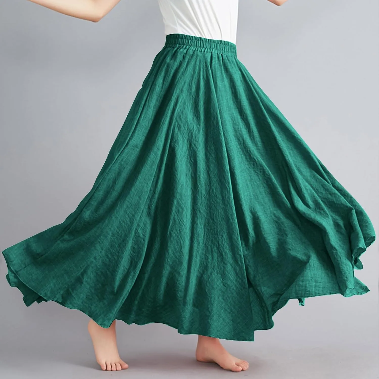 Womens Linen A-Line Skirts Elastic High Waisted Maxi Skirts Bohemian Casual Flowy Solid Beach Vacation Long Skirt