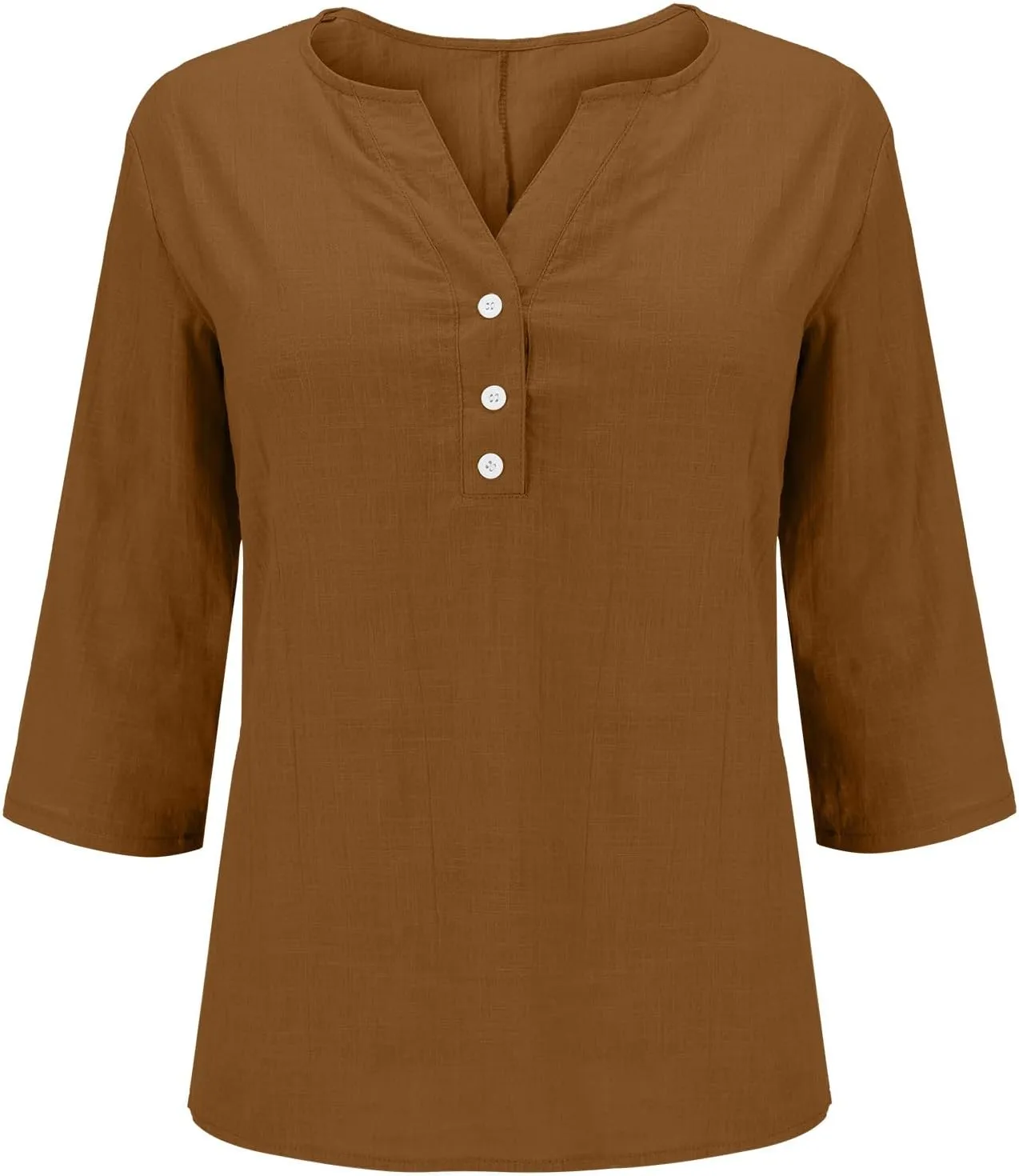 Womens Linen Shirts 3/4 Length Sleeve Linen Button Down V Neck Blouse Spring Summer Boho Shirts Travel Vacation Tops