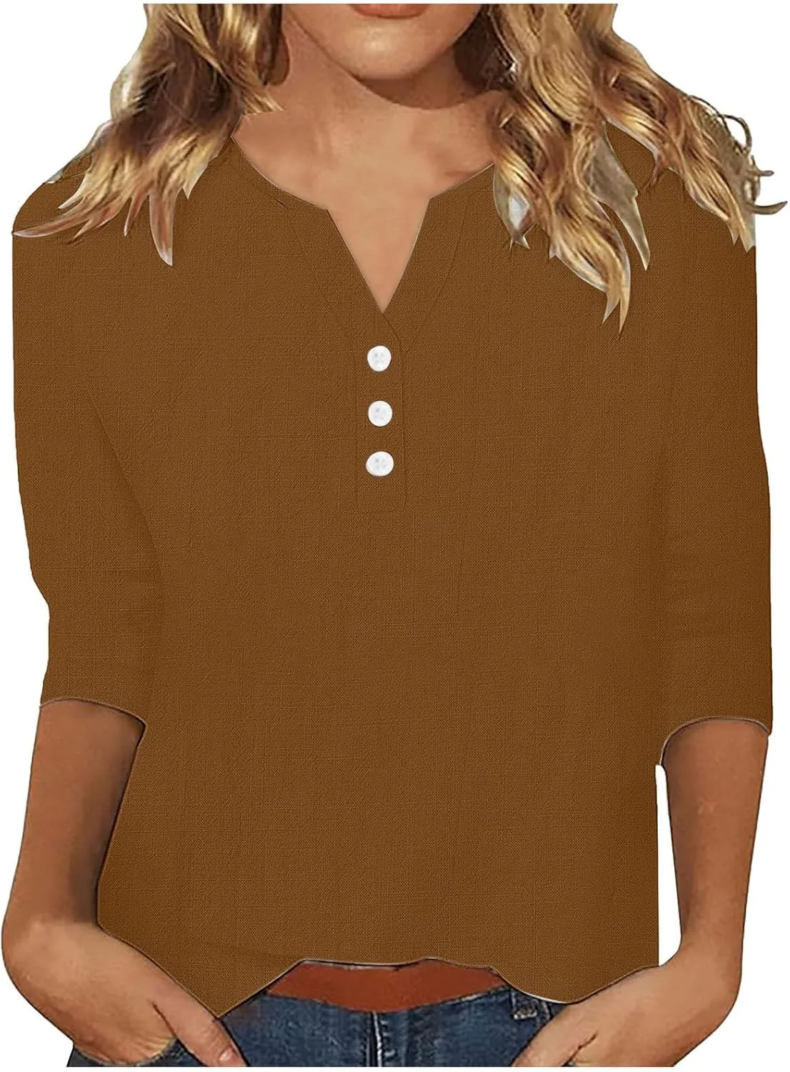 Womens Linen Shirts 3/4 Length Sleeve Linen Button Down V Neck Blouse Spring Summer Boho Shirts Travel Vacation Tops