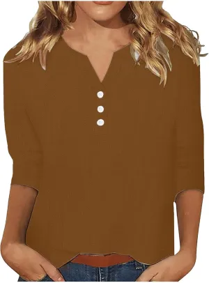 Womens Linen Shirts 3/4 Length Sleeve Linen Button Down V Neck Blouse Spring Summer Boho Shirts Travel Vacation Tops