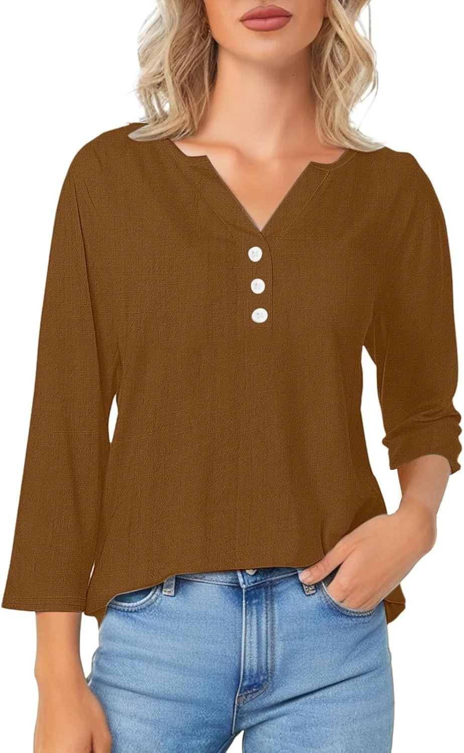 Womens Linen Shirts 3/4 Length Sleeve Linen Button Down V Neck Blouse Spring Summer Boho Shirts Travel Vacation Tops