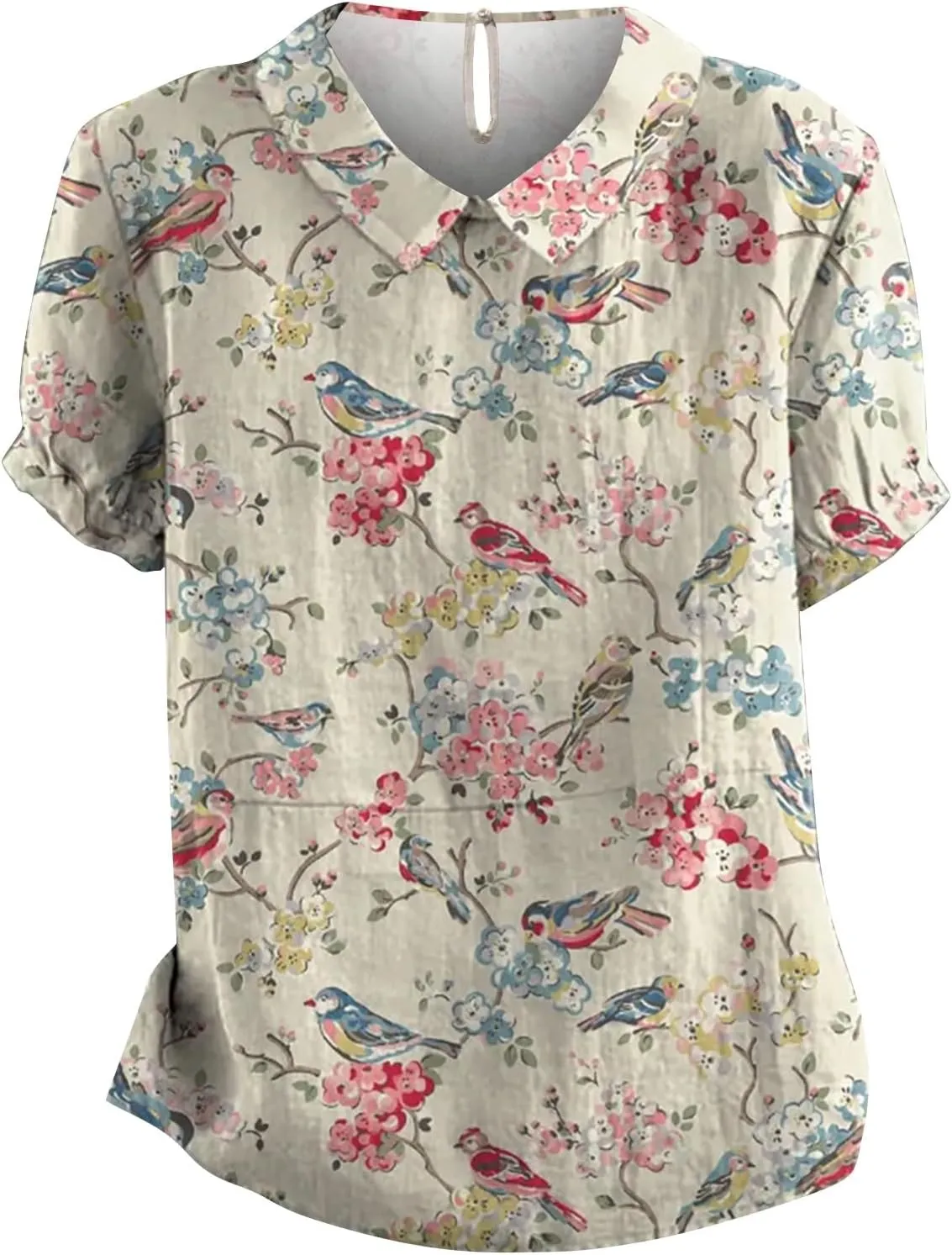Women's Linen Shirts Floral Printed Summer Boho Tops Cotton Blouse Lapel Neck Short Sleeve Daily Wear Tunic Tee Tops