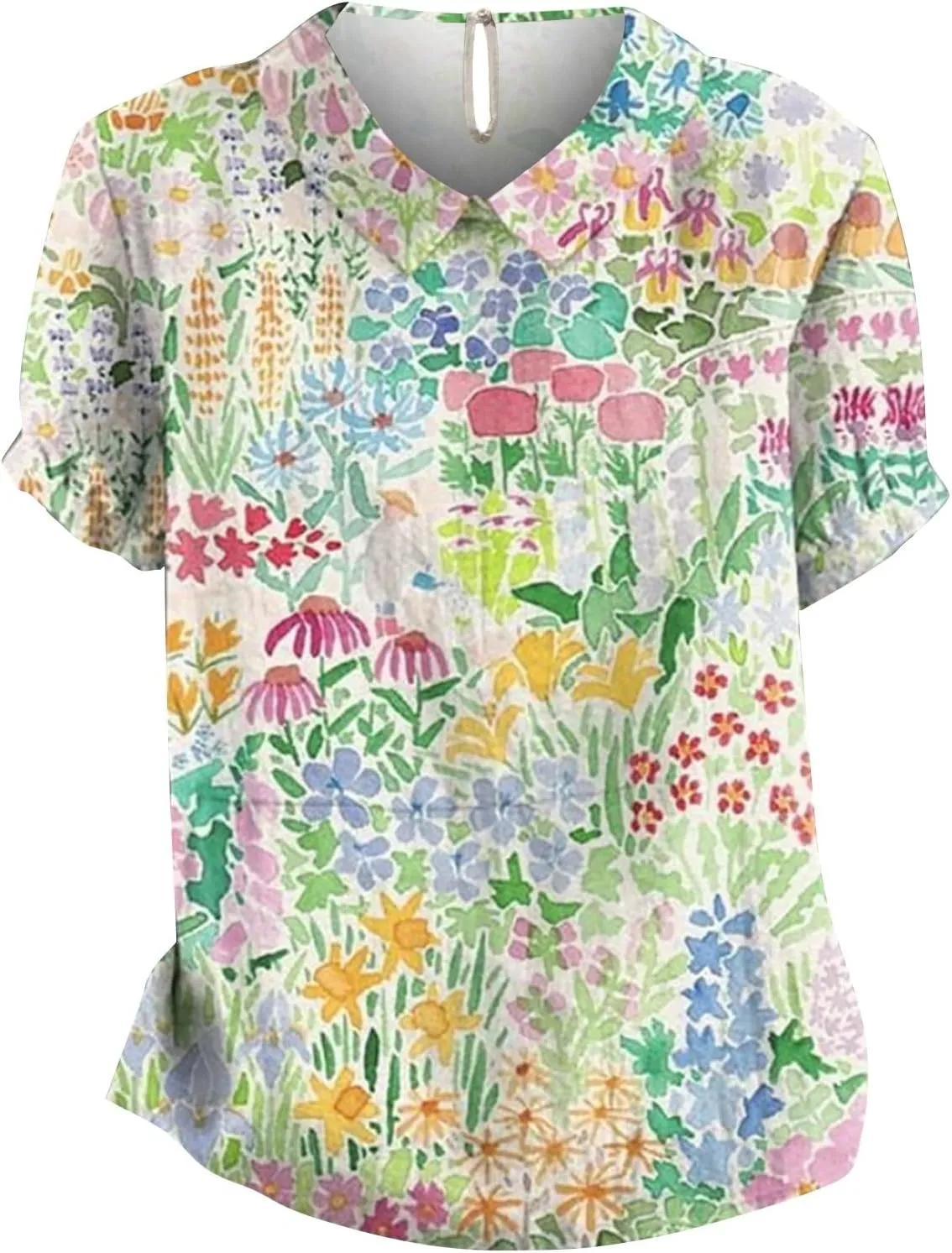Women's Linen Shirts Floral Printed Summer Boho Tops Cotton Blouse Lapel Neck Short Sleeve Daily Wear Tunic Tee Tops