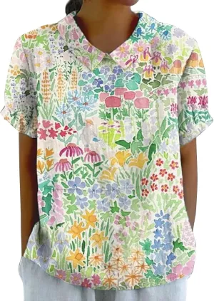 Women's Linen Shirts Floral Printed Summer Boho Tops Cotton Blouse Lapel Neck Short Sleeve Daily Wear Tunic Tee Tops