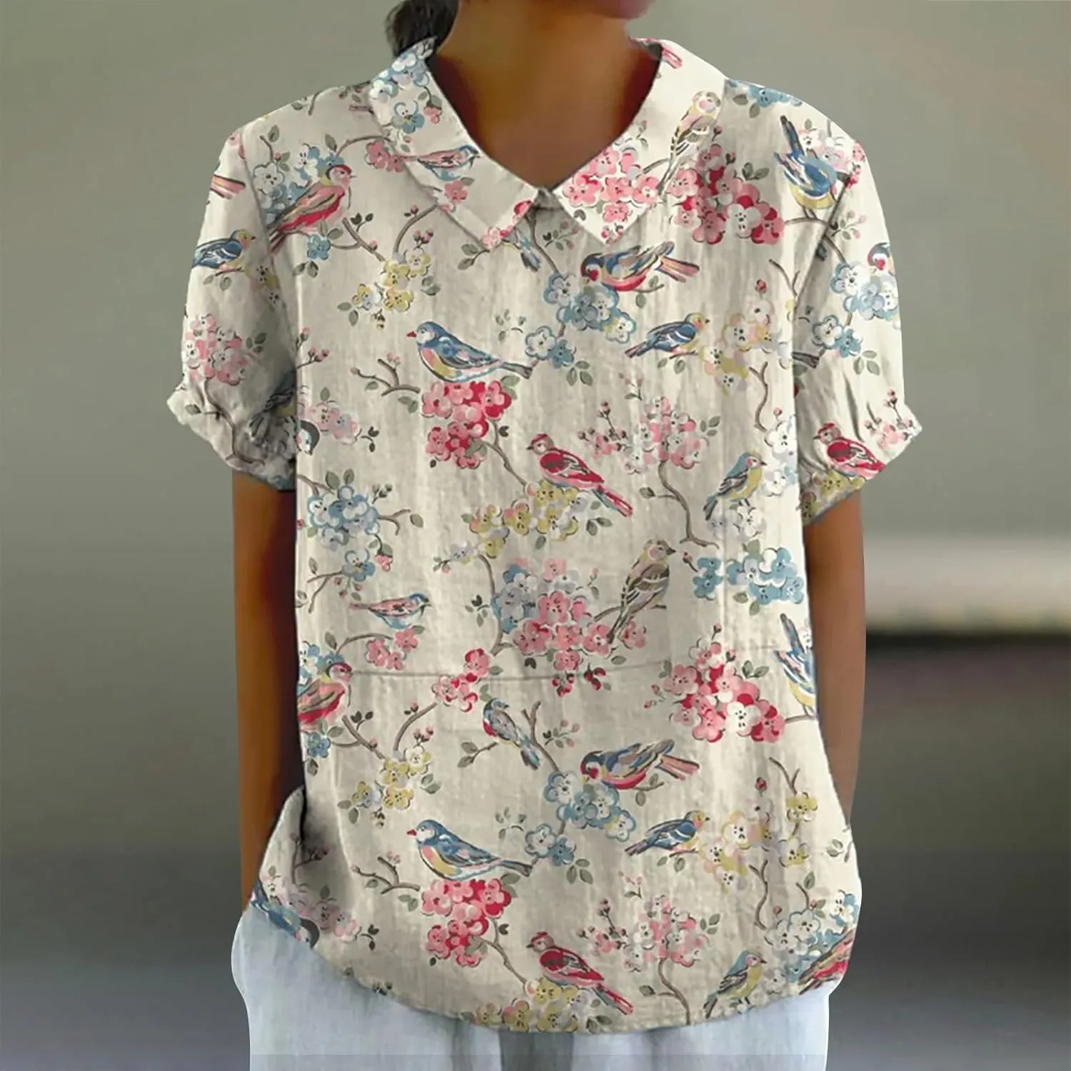 Women's Linen Shirts Floral Printed Summer Boho Tops Cotton Blouse Lapel Neck Short Sleeve Daily Wear Tunic Tee Tops
