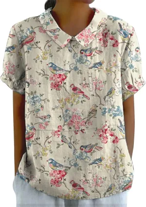 Women's Linen Shirts Floral Printed Summer Boho Tops Cotton Blouse Lapel Neck Short Sleeve Daily Wear Tunic Tee Tops