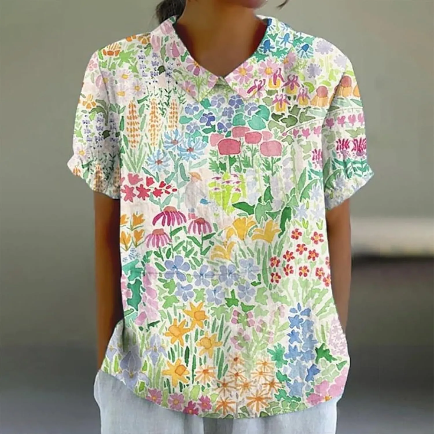 Women's Linen Shirts Floral Printed Summer Boho Tops Cotton Blouse Lapel Neck Short Sleeve Daily Wear Tunic Tee Tops