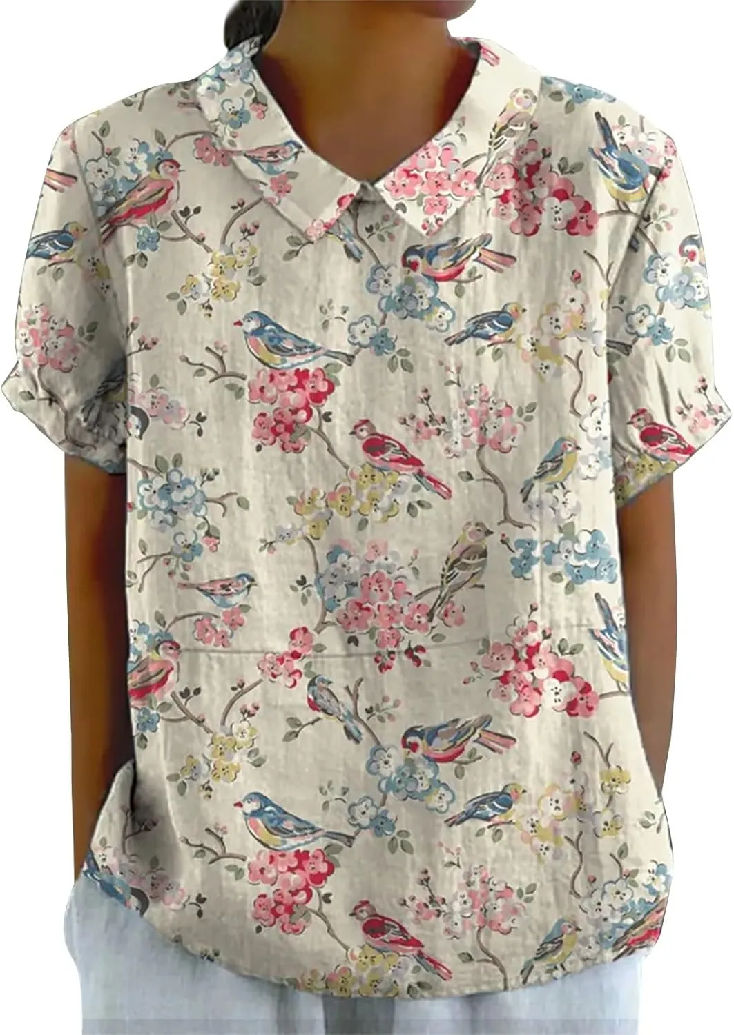 Women's Linen Shirts Floral Printed Summer Boho Tops Cotton Blouse Lapel Neck Short Sleeve Daily Wear Tunic Tee Tops