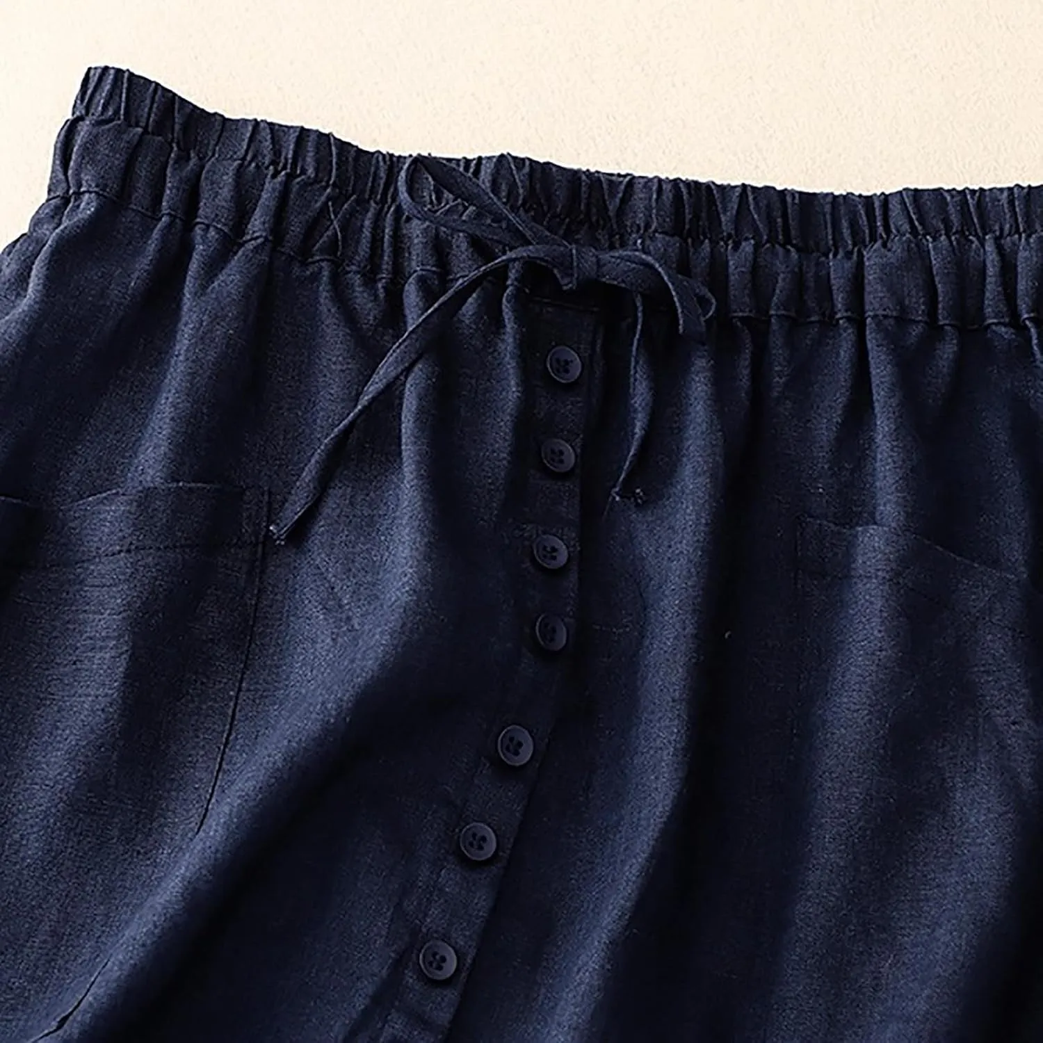 Women's Linen Skirts Summer Casual High Waisted Drawstring Midi Skirt Retro Solid Boho Dress Trendy Loose Outfits