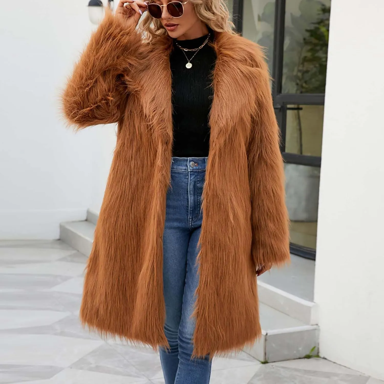 Womens Long Faux Fur Coat Oversized Loose Winter Jackets Trendy Luxury Trench Coat 2024 Open Front Lapel Outerwear