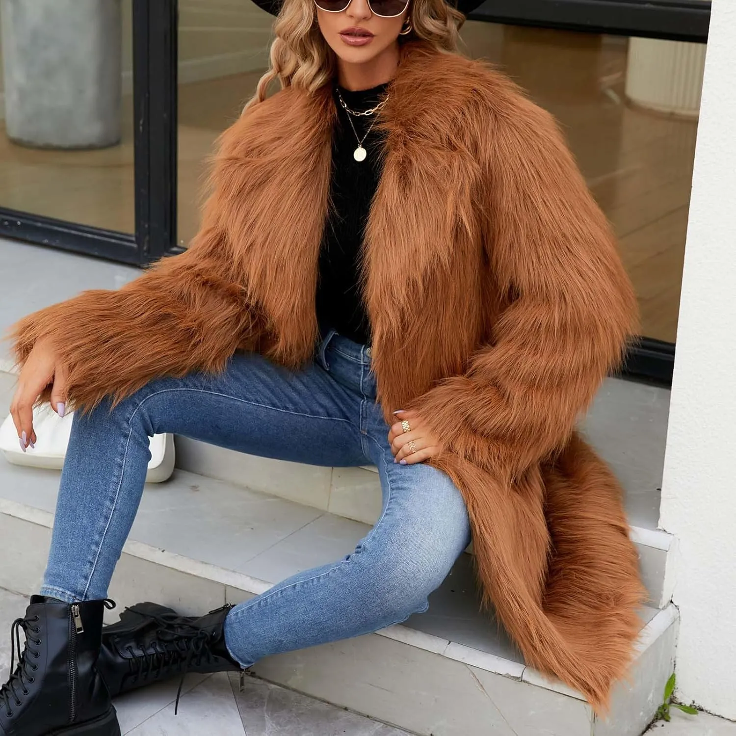 Womens Long Faux Fur Coat Oversized Loose Winter Jackets Trendy Luxury Trench Coat 2024 Open Front Lapel Outerwear