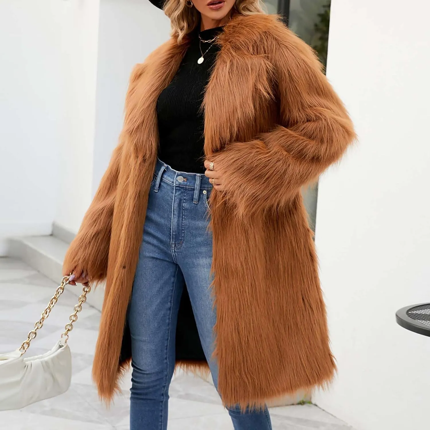 Womens Long Faux Fur Coat Oversized Loose Winter Jackets Trendy Luxury Trench Coat 2024 Open Front Lapel Outerwear