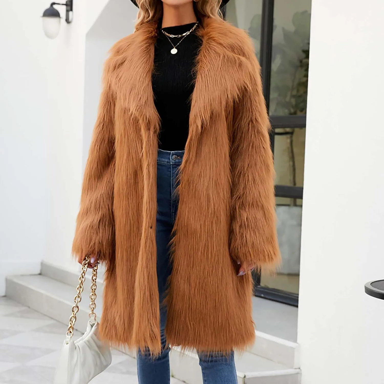 Womens Long Faux Fur Coat Oversized Loose Winter Jackets Trendy Luxury Trench Coat 2024 Open Front Lapel Outerwear