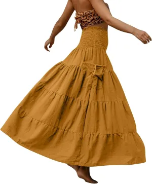 Womens Long Maxi Skirt Smocked Elastic Waist Pleated Tiered A Line Skirt Solid Beach Vacation Skirts with Pockets