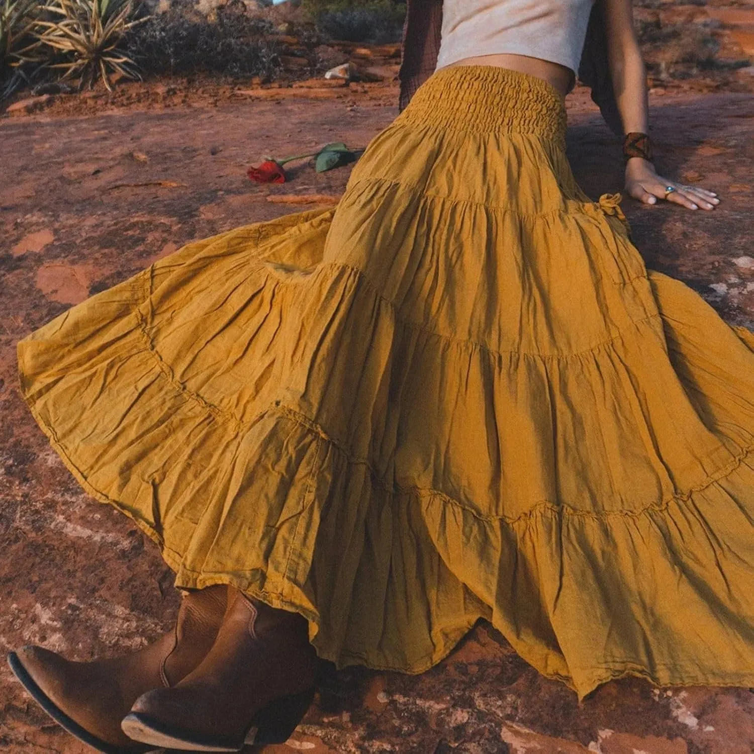 Womens Long Maxi Skirt Smocked Elastic Waist Pleated Tiered A Line Skirt Solid Beach Vacation Skirts with Pockets