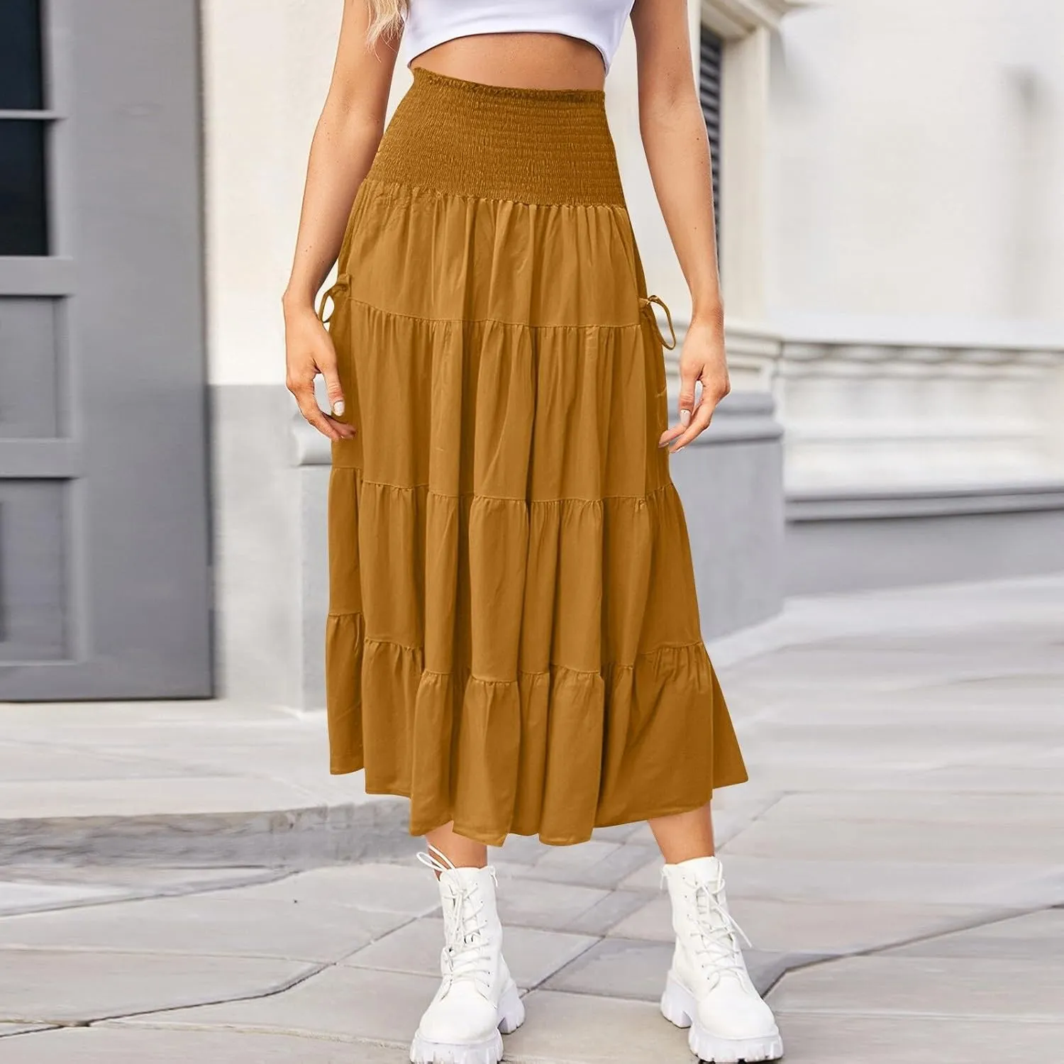 Womens Long Maxi Skirt Smocked Elastic Waist Pleated Tiered A Line Skirt Solid Beach Vacation Skirts with Pockets
