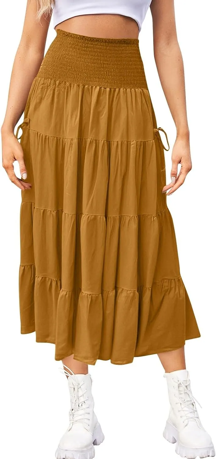 Womens Long Maxi Skirt Smocked Elastic Waist Pleated Tiered A Line Skirt Solid Beach Vacation Skirts with Pockets