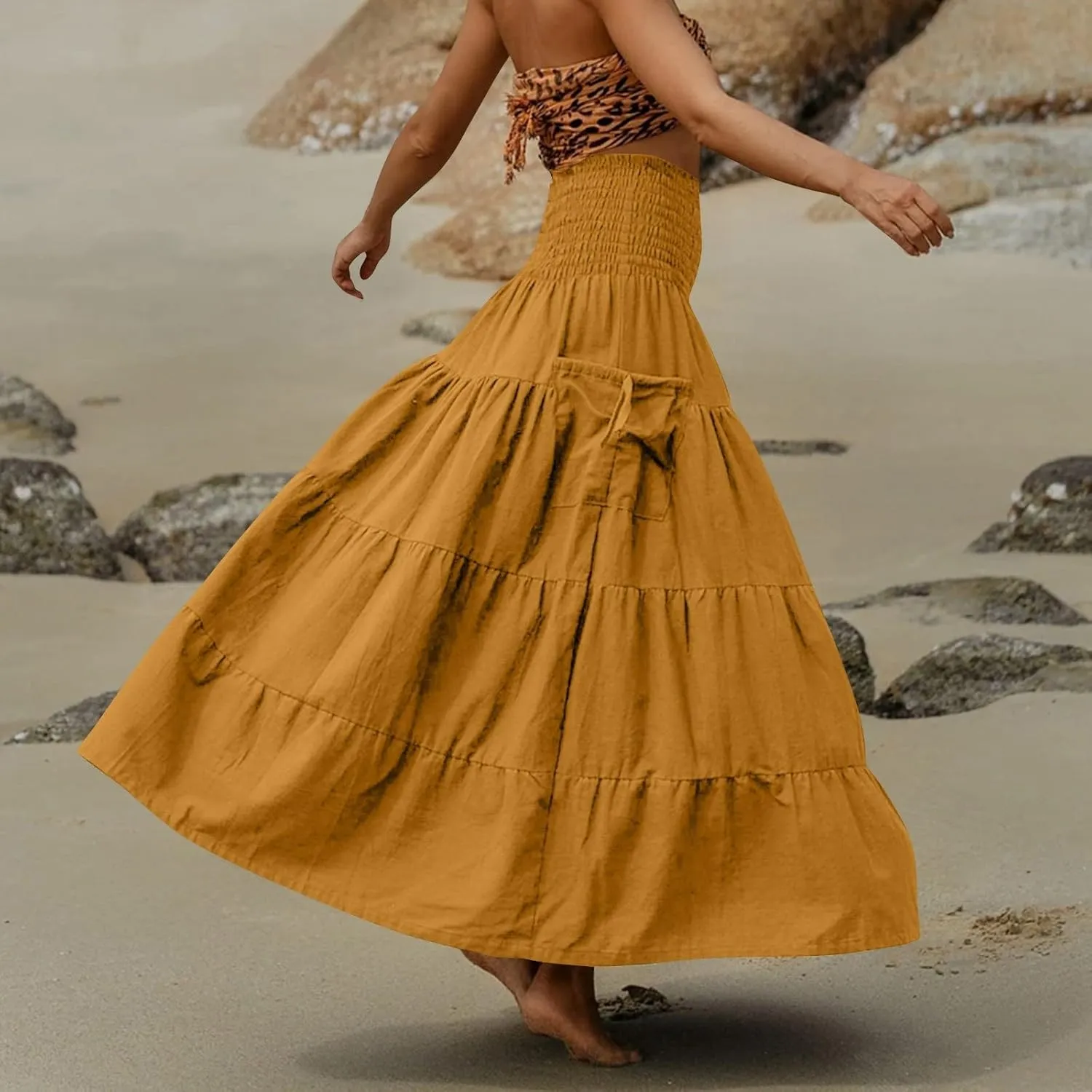 Womens Long Maxi Skirt Smocked Elastic Waist Pleated Tiered A Line Skirt Solid Beach Vacation Skirts with Pockets