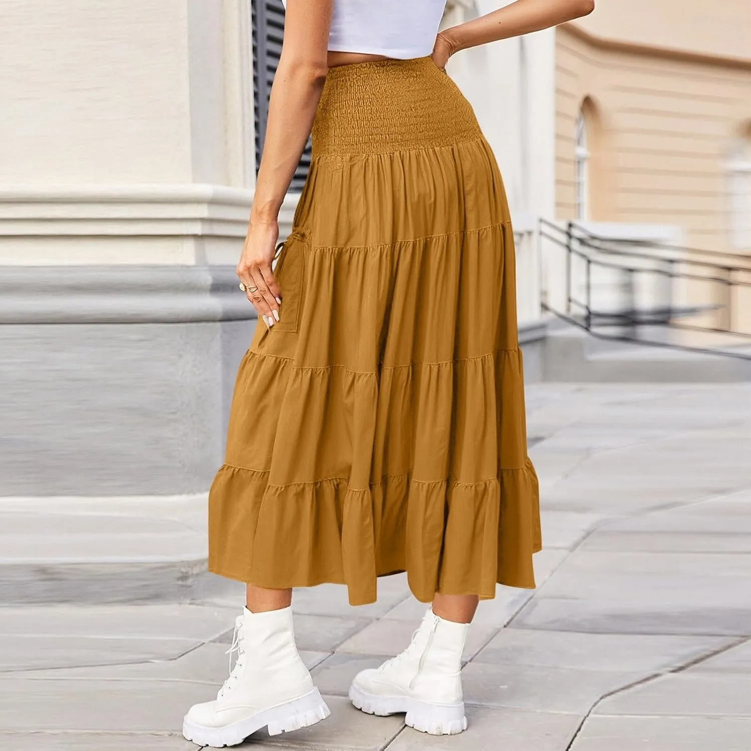Womens Long Maxi Skirt Smocked Elastic Waist Pleated Tiered A Line Skirt Solid Beach Vacation Skirts with Pockets
