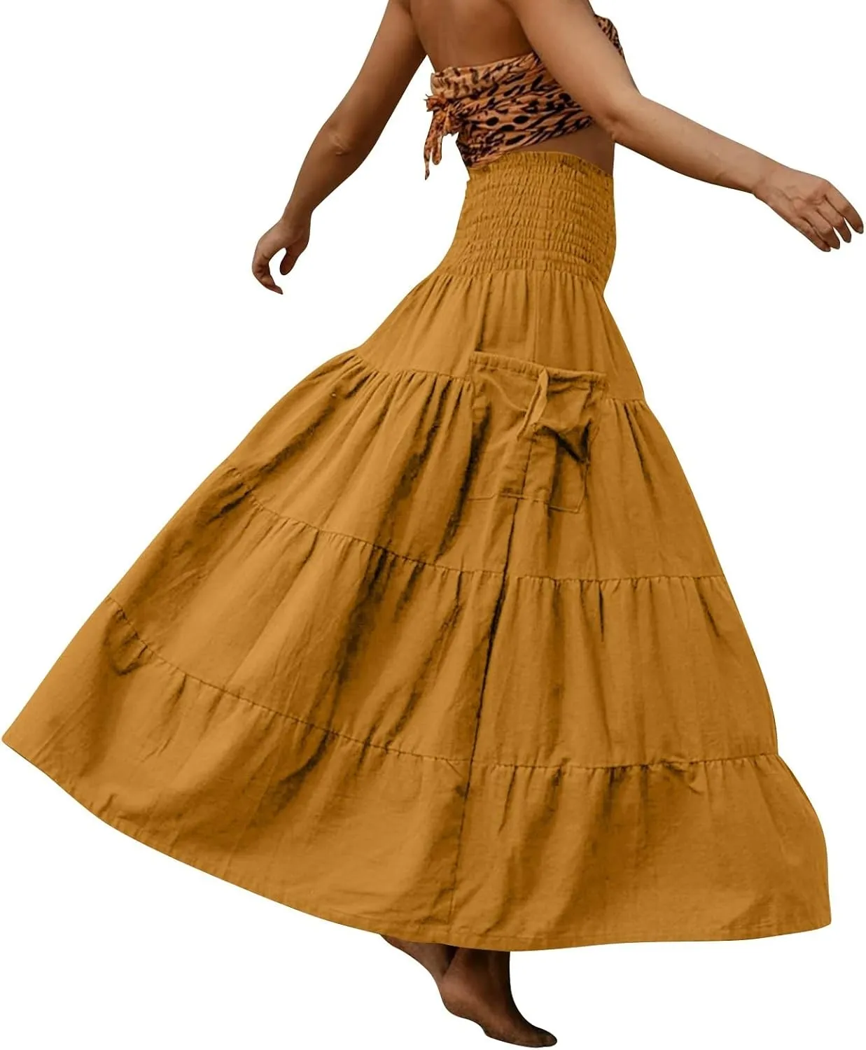 Womens Long Maxi Skirt Smocked Elastic Waist Pleated Tiered A Line Skirt Solid Beach Vacation Skirts with Pockets