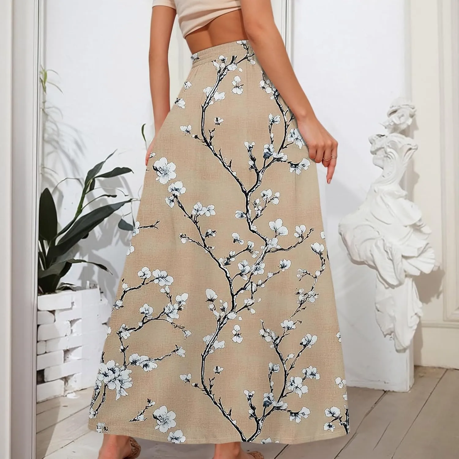 Women's Maxi Skirts Summer High Waisted Boho Wrap Skirt Smocked A Line Skirts Elegant Skirt Long with Pockets