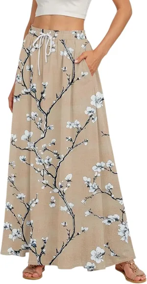 Women's Maxi Skirts Summer High Waisted Boho Wrap Skirt Smocked A Line Skirts Elegant Skirt Long with Pockets