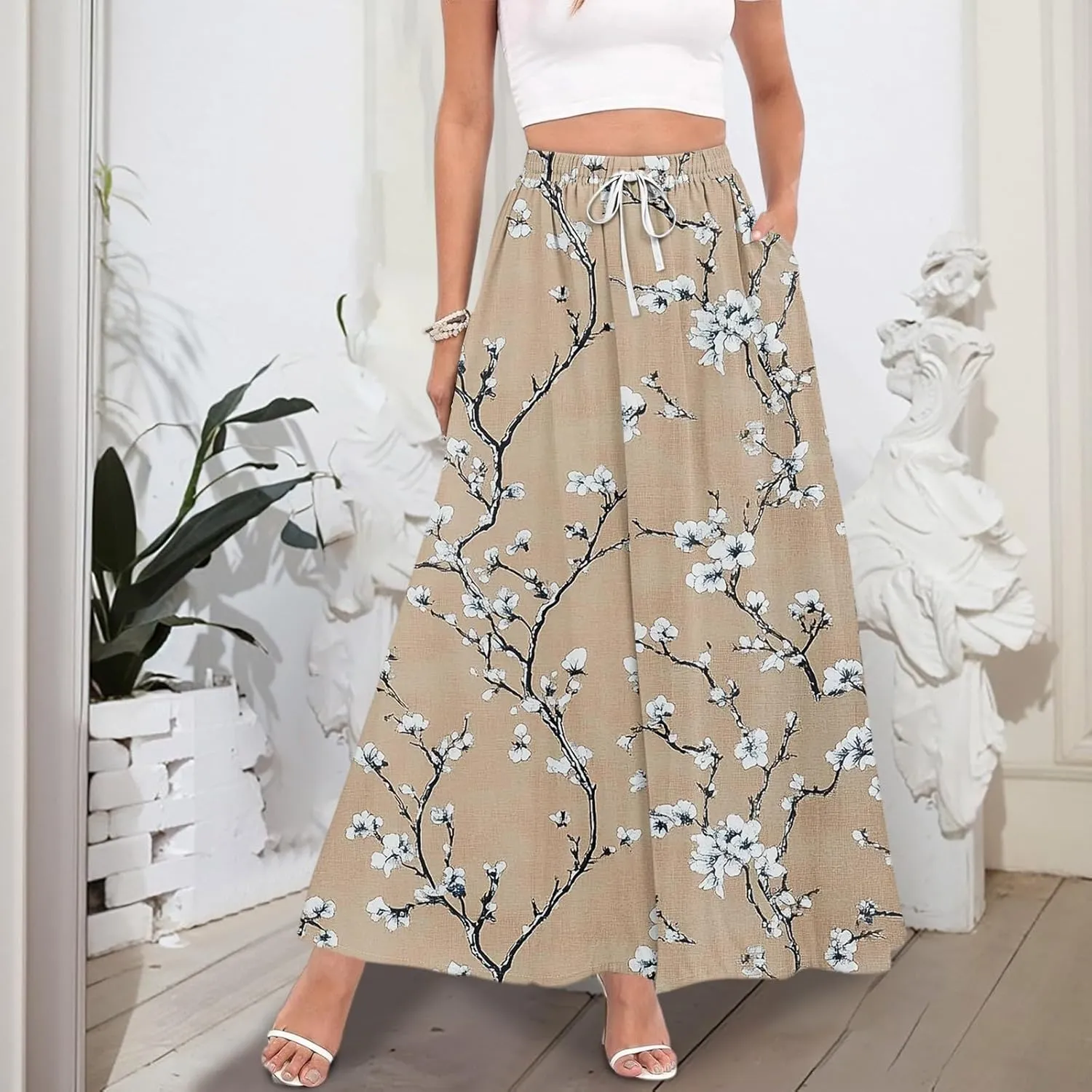 Women's Maxi Skirts Summer High Waisted Boho Wrap Skirt Smocked A Line Skirts Elegant Skirt Long with Pockets