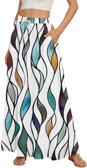 Women's Maxi Skirts Summer High Waisted Boho Wrap Skirt Smocked A Line Skirts Elegant Skirt Long with Pockets