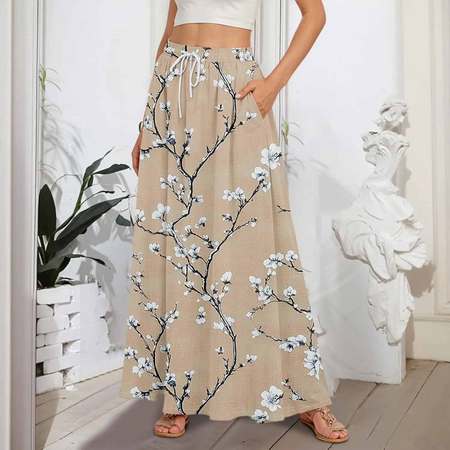 Women's Maxi Skirts Summer High Waisted Boho Wrap Skirt Smocked A Line Skirts Elegant Skirt Long with Pockets