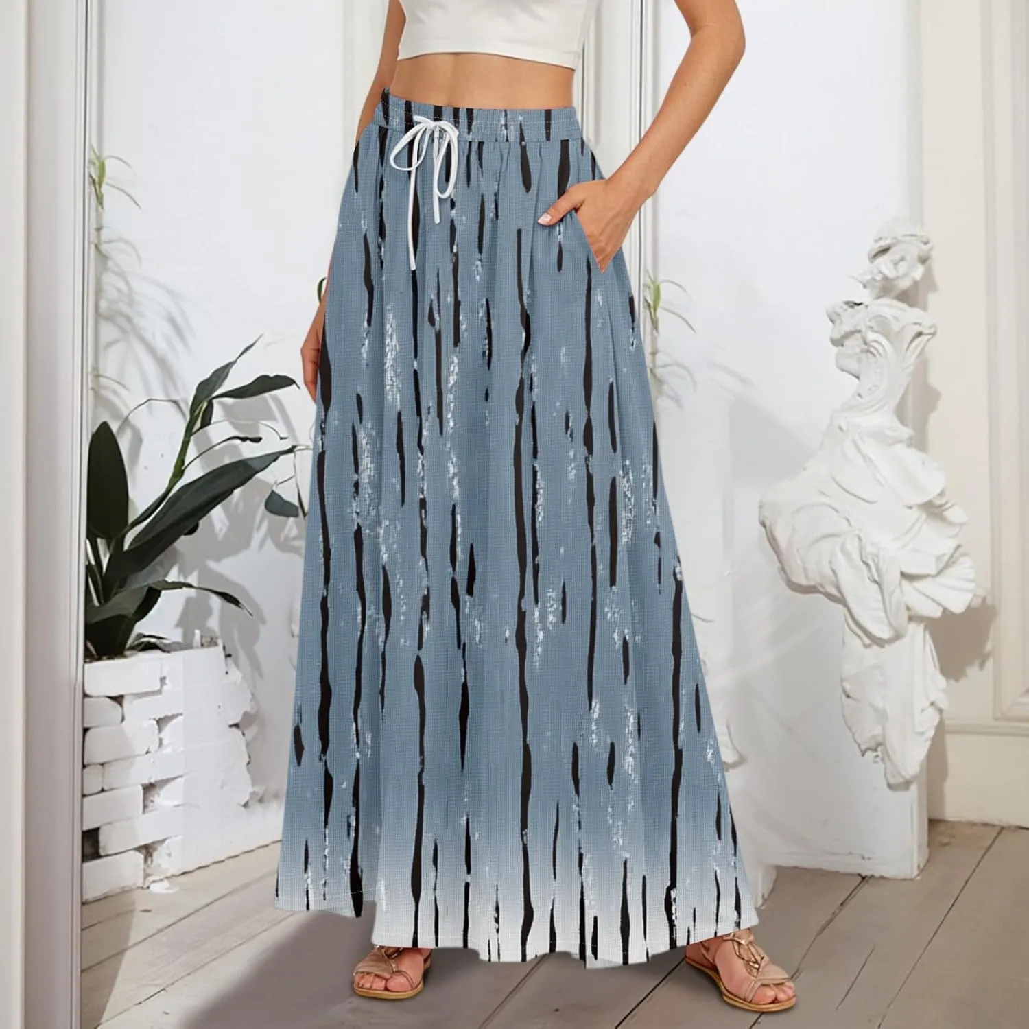 Women's Maxi Skirts Summer High Waisted Boho Wrap Skirt Smocked A Line Skirts Elegant Skirt Long with Pockets