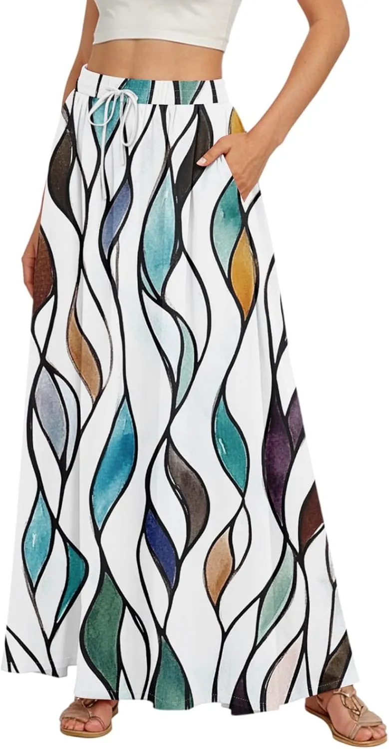 Women's Maxi Skirts Summer High Waisted Boho Wrap Skirt Smocked A Line Skirts Elegant Skirt Long with Pockets