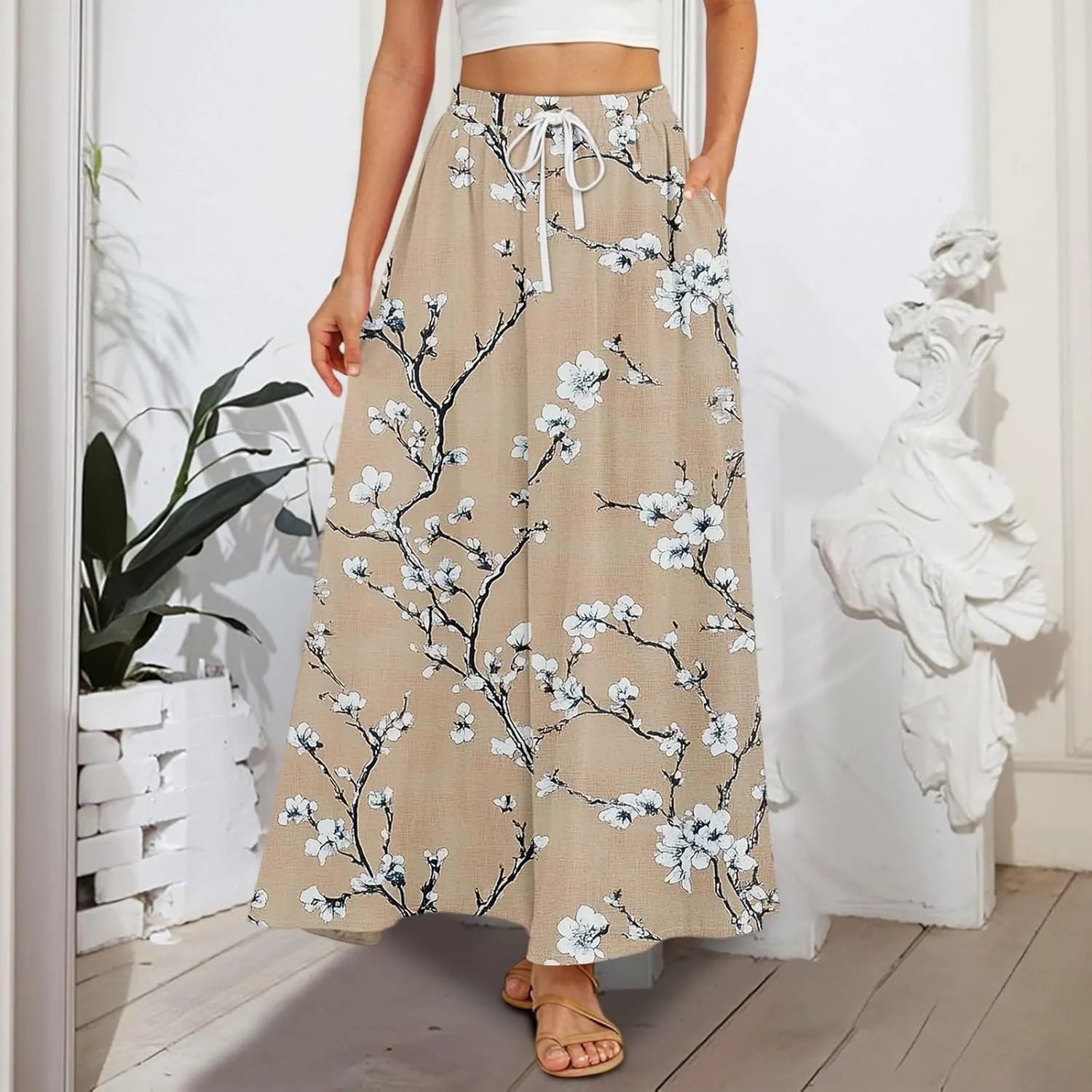 Women's Maxi Skirts Summer High Waisted Boho Wrap Skirt Smocked A Line Skirts Elegant Skirt Long with Pockets