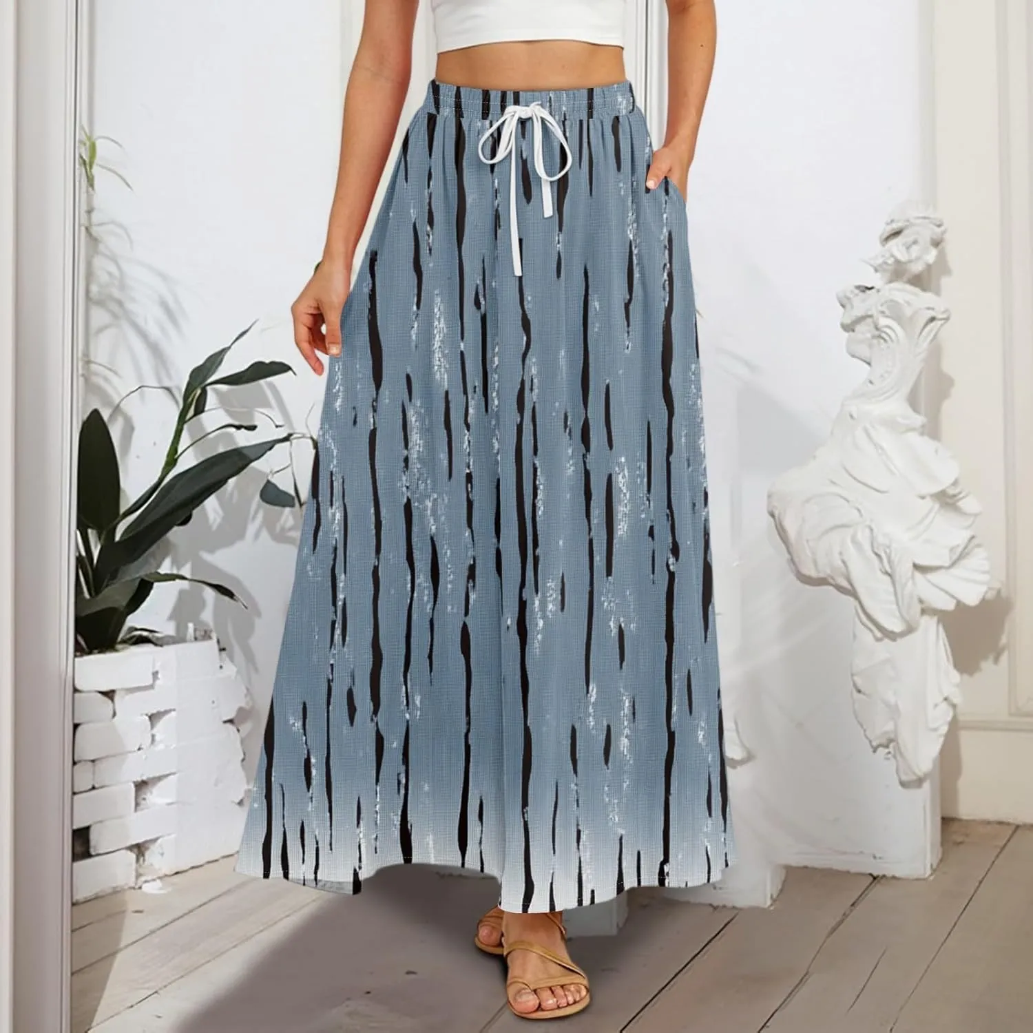 Women's Maxi Skirts Summer High Waisted Boho Wrap Skirt Smocked A Line Skirts Elegant Skirt Long with Pockets