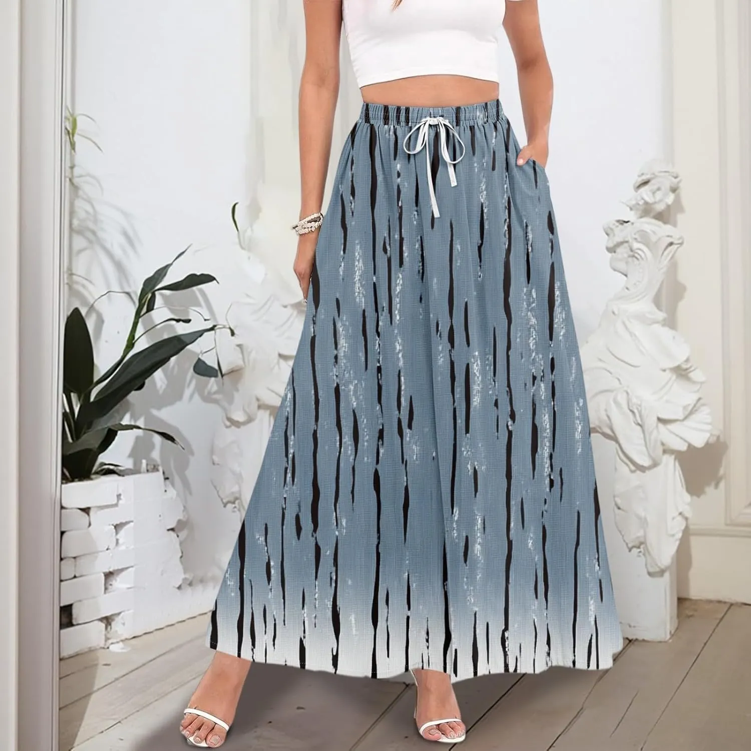 Women's Maxi Skirts Summer High Waisted Boho Wrap Skirt Smocked A Line Skirts Elegant Skirt Long with Pockets