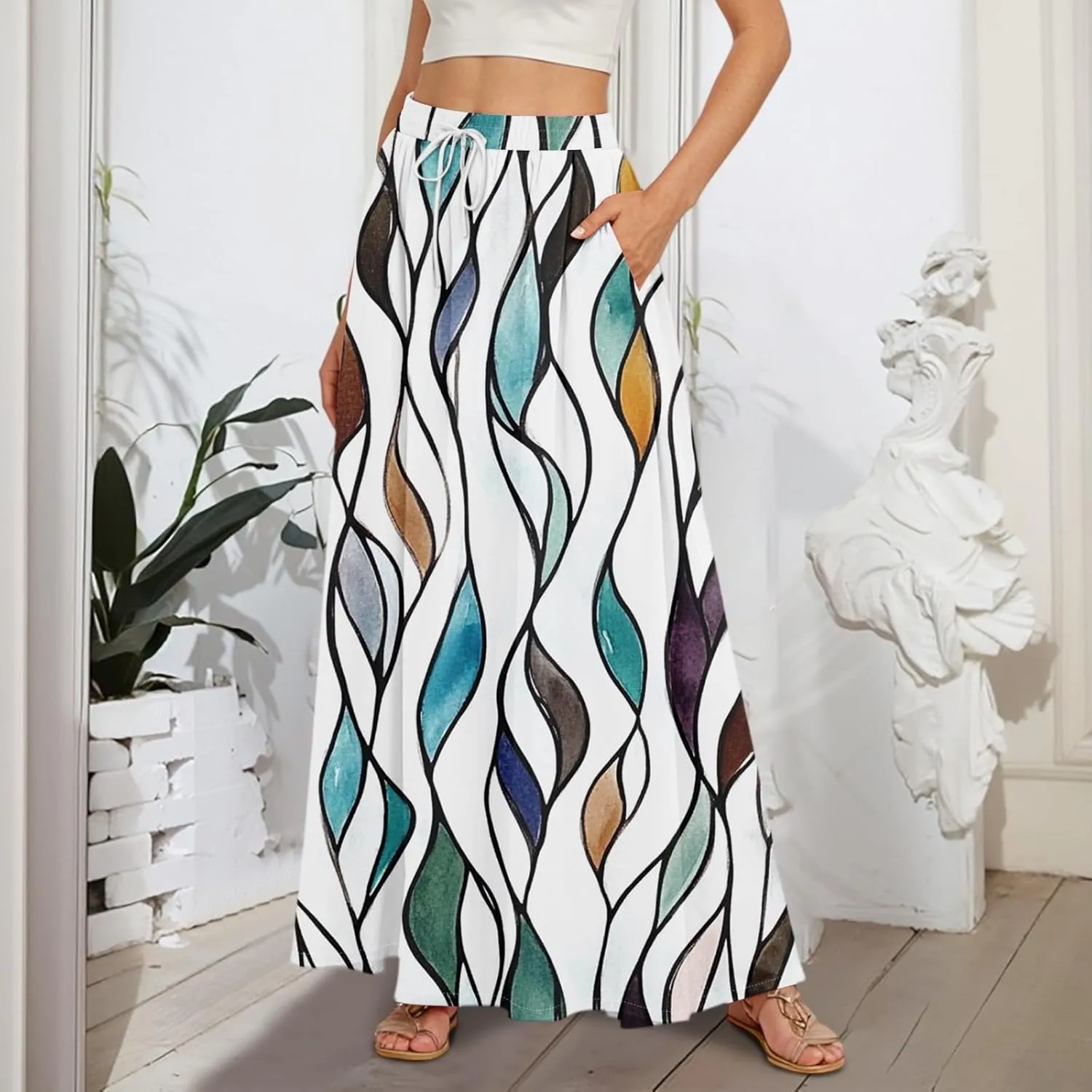 Women's Maxi Skirts Summer High Waisted Boho Wrap Skirt Smocked A Line Skirts Elegant Skirt Long with Pockets