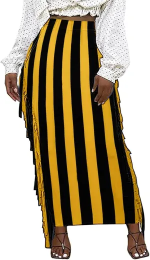 Womens Maxi Skirts Trendy Striped Color Block Side Tassels Slim Bodycon Skirts High Waist Fringe Long Pencil Skirts