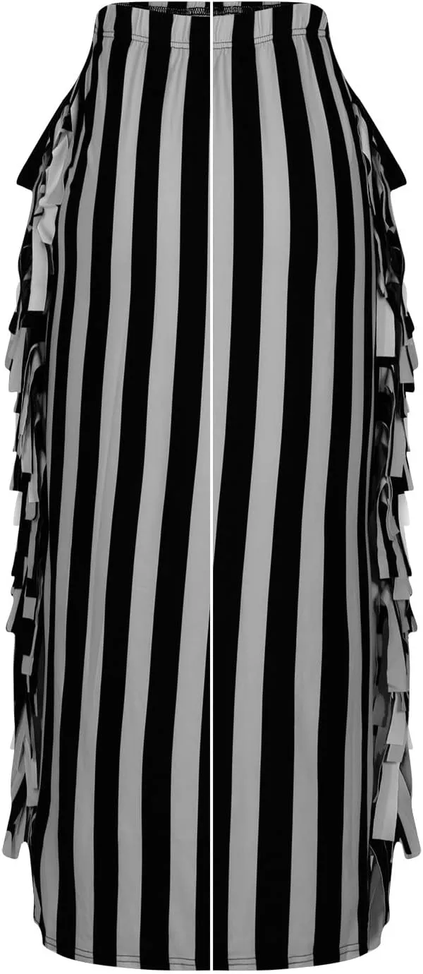 Womens Maxi Skirts Trendy Striped Color Block Side Tassels Slim Bodycon Skirts High Waist Fringe Long Pencil Skirts