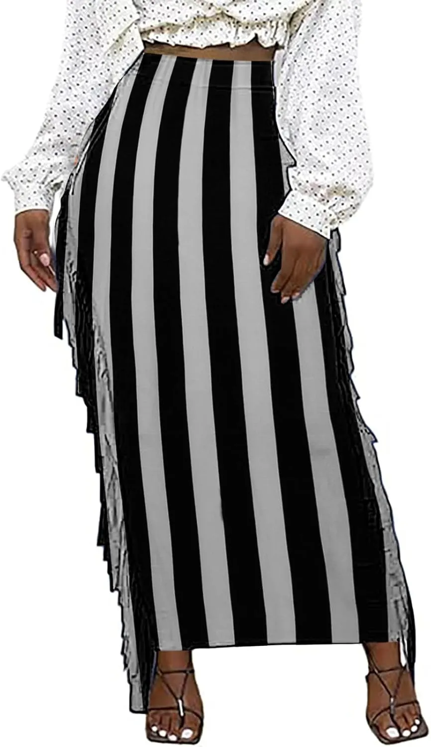 Womens Maxi Skirts Trendy Striped Color Block Side Tassels Slim Bodycon Skirts High Waist Fringe Long Pencil Skirts