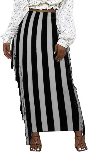 Womens Maxi Skirts Trendy Striped Color Block Side Tassels Slim Bodycon Skirts High Waist Fringe Long Pencil Skirts
