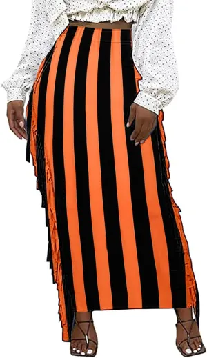 Womens Maxi Skirts Trendy Striped Color Block Side Tassels Slim Bodycon Skirts High Waist Fringe Long Pencil Skirts