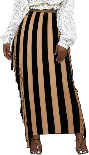 Womens Maxi Skirts Trendy Striped Color Block Side Tassels Slim Bodycon Skirts High Waist Fringe Long Pencil Skirts