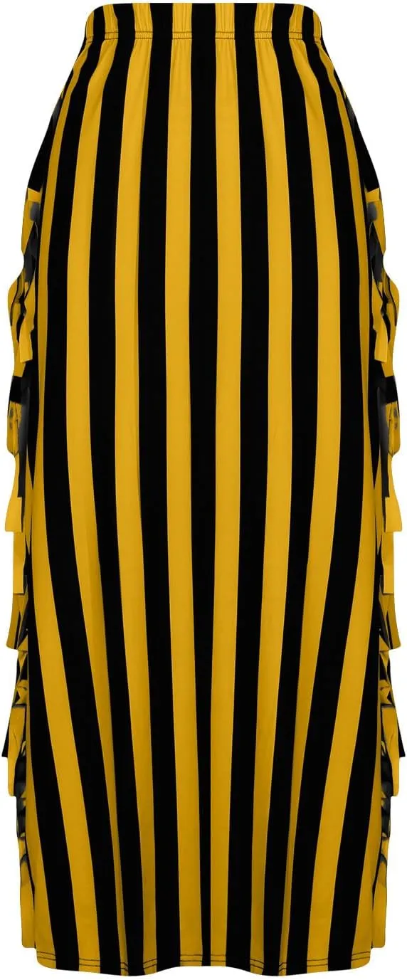 Womens Maxi Skirts Trendy Striped Color Block Side Tassels Slim Bodycon Skirts High Waist Fringe Long Pencil Skirts