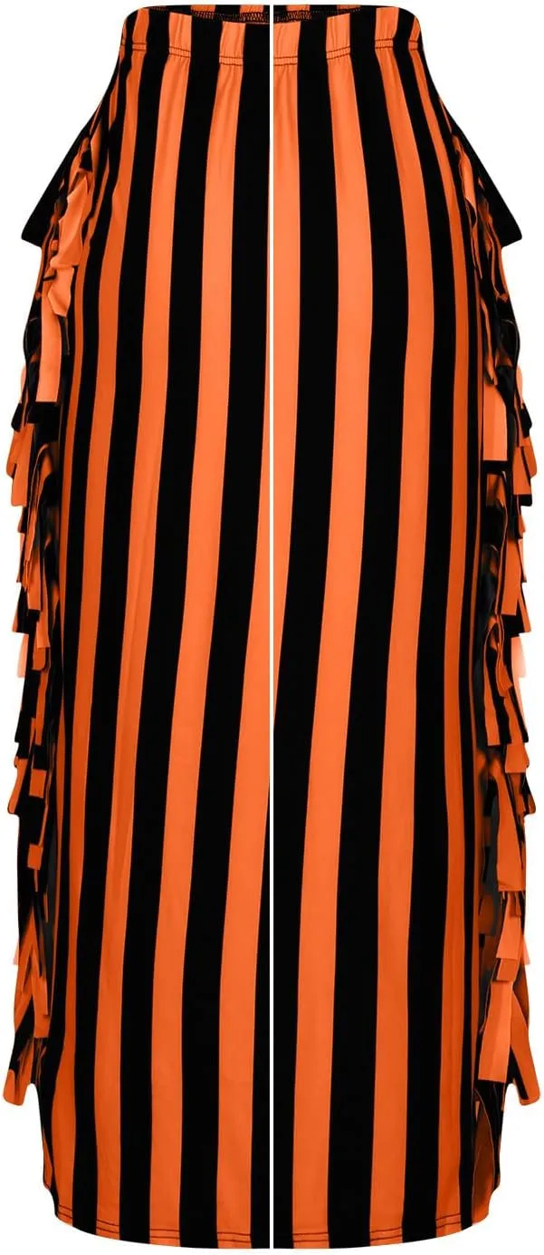 Womens Maxi Skirts Trendy Striped Color Block Side Tassels Slim Bodycon Skirts High Waist Fringe Long Pencil Skirts