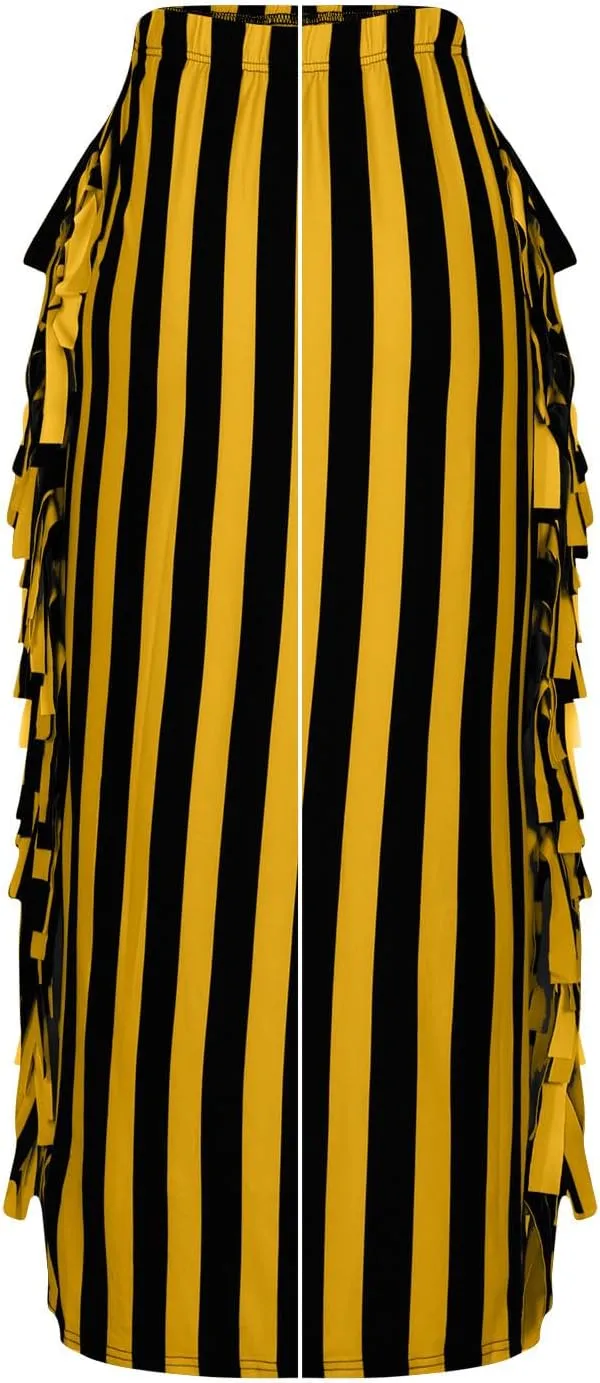 Womens Maxi Skirts Trendy Striped Color Block Side Tassels Slim Bodycon Skirts High Waist Fringe Long Pencil Skirts